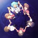  1boy 5girls blue_hair brown_eyes brown_hair circle_formation from_above highres holding_hands komiya_nonoka long_hair mido_(mimizuku-hukuro) mizusaka_souta mizusaka_yuzuki multiple_girls noel_(sora_no_method) school_uniform scrunchie shiihara_koharu short_hair side_ponytail sora_no_method togawa_shione violet_eyes 