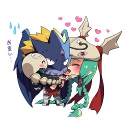  1boy 1girl aqua_hair arm_snake armor beelzebumon_(xros_wars) bikini black_boots black_shorts black_thighhighs black_wings blonde_hair blue_mask blue_skin blue_wings blush blush_stickers boots braid breasts cape carrying chibi chibi_only closed_eyes closed_mouth colored_skin commentary_request couple demon_boy digimon digimon_(creature) digimon_xros_wars facial_mark fang fang_out feathered_wings frown full_body hair_ribbon heart helmet hetero lao_wen living_weapon long_hair mervamon o-ring open_mouth princess_carry red_cape red_eyes red_ribbon ribbon short_hair shorts shoulder_pads shoulder_spikes sidelocks simple_background smile spikes standing sweat swimsuit thigh-highs third_eye translation_request tress_ribbon twin_braids very_long_hair waist_cape white_background white_bikini wings 