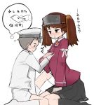  1boy 1girl admiral_(kantai_collection) age_difference blush breast_grab brown_eyes brown_hair flat_chest_grab grey_hair guided_breast_grab hand_on_another&#039;s_chest hat kantai_collection open_mouth ryuujou_(kantai_collection) shota shota_admiral_(kantai_collection) skirt sweatdrop tamatama_(nekokalpis) translation_request twintails visor_cap 