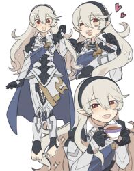  1girl absurdres armor barefoot black_hairband commentary_request female_corrin_(fire_emblem) fire_emblem fire_emblem_fates hairband highres kita_senju long_hair open_mouth pointy_ears red_eyes tea white_hair 