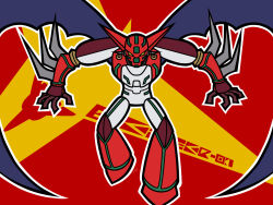  arm_blade armor bat_wings citipati_51 commentary_request demon_wings full_body getter_robo highres looking_at_viewer mecha mecha_focus multicolored_armor outline red_armor red_background robot shin_getter-1 shin_getter_robo_vs_neo_getter_robo solo super_robot weapon white_armor white_outline wings yellow_eyes 