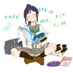  1girl animal_charm bag black_socks blue_hair blue_hat brown_shoes charm_(object) commentary dated facing_viewer frog_charm full_body green_neckerchief grey_sailor_collar grey_skirt grin happy_birthday happy_party_train hashtag-only_commentary hat high_ponytail indian_style kase_(ks_lys) loafers long_hair long_sleeves love_live! love_live!_sunshine!! matsuura_kanan neckerchief notebook parted_bangs pleated_skirt ponytail sailor_collar school_bag school_uniform serafuku shirt shoes sidelocks sitting skirt smile socks solo stuffed_animal stuffed_dolphin stuffed_toy untranslatable_commentary uranohoshi_school_uniform white_shirt winter_uniform 