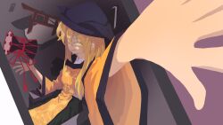  1girl bongo_drums constellation_print drum floating floating_object highres instrument long_hair looking_at_viewer matara_okina reaching reaching_towards_viewer sliyu solo touhou wide_sleeves yellow_eyes 