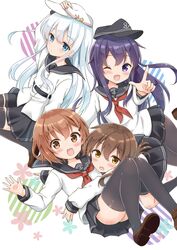  4girls akatsuki_(kantai_collection) black_hair brown_eyes brown_hair folded_ponytail hair_ornament hairclip hat hibiki_(kantai_collection) highres ikazuchi_(kantai_collection) inazuma_(kantai_collection) kantai_collection long_hair multiple_girls one_eye_closed open_mouth pantyhose school_uniform serafuku short_hair silver_hair skirt yoshikita_popuri 