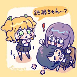  3girls :3 =_= artist_name black-framed_eyewear black_socks blonde_hair blush border bow bowtie chair chibi chinese_commentary closed_mouth commentary_request daiba_nana flower_symbol full_body glasses green_eyes green_ribbon grey_jacket grey_skirt grey_socks hair_ribbon hanayagi_kaoruko hands_on_own_chin hands_up hoshimi_junna jacket jealous kneehighs lap_pillow long_sleeves looking_at_another lying medium_hair miniskirt multiple_girls on_back on_chair open_clothes open_jacket open_mouth outside_border parted_lips pleated_skirt purple_hair red_bow red_bowtie ribbon rounded_corners school_uniform seishou_music_academy_uniform shirt short_twintails shoujo_kageki_revue_starlight sitting skirt smile socks speech_bubble standing sweatdrop tearing_up translated trembling twintails wavy_mouth white_background white_shirt xinstarry yellow_border yuri 