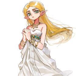  1girl bare_shoulders blonde_hair bracelet cowboy_shot dress floating_hair gold_bracelet gold_necklace green_eyes gucandiyi52092 jewelry long_dress long_hair looking_at_viewer necklace own_hands_clasped own_hands_together parted_bangs parted_lips pointy_ears princess_zelda solo strapless strapless_dress the_legend_of_zelda the_legend_of_zelda:_breath_of_the_wild thick_eyebrows white_background white_dress 