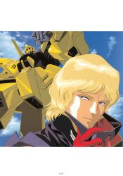  1990s_(style) 1boy absurdres aeug blonde_hair blue_eyes cable char_aznable clouds cloudy_sky gundam highres hyaku_shiki kitazume_hiroyuki magazine_scan mecha military_rank_insignia military_uniform mobile_suit mullet official_art perspective promotional_art quattro_bajeena radio_antenna red_eyes removing_eyewear retro_artstyle robot roundel scan science_fiction sky soldier thrusters traditional_media vernier_thrusters vest zeta_gundam 