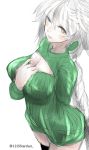  1girl arm_behind_back braid breasts brown_eyes cleavage_cutout hand_on_own_chest kantai_collection kojima_takuro large_breasts long_hair looking_at_viewer one_eye_closed open-chest_sweater ribbed_sweater silver_hair single_braid sketch smile sweater sweater_dress unryuu_(kantai_collection) very_long_hair wavy_hair 
