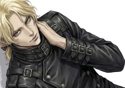  1boy 9s_(nier:automata) 9s_(nier:automata)_(cosplay) arm_belt black_coat blonde_hair blue_eyes brown_ribbon closed_mouth coat cosplay edgar_roni_figaro final_fantasy final_fantasy_vi hair_between_eyes hair_ribbon hand_on_own_neck highres locke_otaku long_sleeves looking_at_viewer low_ponytail male_focus nier:automata nier_(series) parted_bangs ponytail ribbon solo white_background 