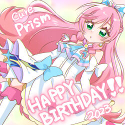  1girl 2023 :o absurdres artist_name ascot birthday blue_bow boots bow braid brooch center_frills character_name commentary crown_braid cure_prism dress dress_bow dutch_angle earrings elbow_gloves english_commentary english_text frills glove_bow gloves green_eyes hair_bow happy_birthday highres himawarin5ame0 hirogaru_sky!_precure jewelry knee_boots layered_dress long_hair looking_at_viewer magical_girl medium_dress mixed-language_commentary nijigaoka_mashiro open_mouth pink_hair precure side_braids signature sleeveless sleeveless_dress solo standing very_long_hair white_ascot white_boots white_bow white_dress white_gloves wing_brooch 