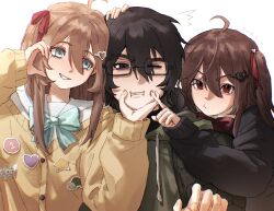  1boy 2girls :d ahoge aqua_bow aqua_bowtie black-framed_eyewear black_cardigan black_hair blue_eyes blue_sailor_collar bow bowtie broken_heart broken_heart_hair_ornament brown_hair cape cardigan cheek_poking cheek_squash collared_shirt curled_fingers dated dgucedunno drawstring evil_neuro-sama furrowed_brow girl_sandwich glasses green_cape green_hoodie grin hair_between_eyes hair_ornament hair_ribbon half-closed_eyes hand_on_another's_chin hand_on_another's_head head_tilt heads_together heart heart_hair_ornament heart_hands heart_hands_duo hexagon_print highres hood hoodie long_hair long_sleeves multiple_girls neuro-sama one_eye_closed poking pursed_lips rectangular_eyewear red_bow red_bowtie red_eyes red_ribbon ribbon sailor_collar sandwiched school_uniform serafuku shirt short_hair sidelocks simple_background skull_hair_ornament sleeves_past_wrists smile surprised thick_eyebrows torn_hair_ribbon two_side_up upper_body v-shaped_eyebrows vedal987 vedal_ai virtual_youtuber white_background white_shirt yellow_cardigan 