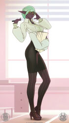  1girl artist_name breasts commentary dated english_commentary extra_arms glasses high_heels highres long_pointy_ears office_lady original pencil_skirt pointy_ears skirt solo themaestronoob 