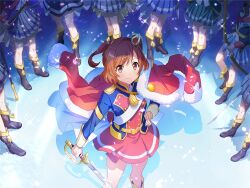  6+girls aijou_karen black_boots black_skirt blue_jacket blue_skirt boots bow_(weapon) brown_eyes brown_hair closed_mouth crown daiba_nana epaulettes fur-trimmed_jacket fur_trim game_cg green_skirt grey_skirt hanayagi_kaoruko hand_on_own_hip holding holding_bow_(weapon) holding_sword holding_weapon hoshimi_junna isurugi_futaba jacket jacket_on_shoulders kagura_hikari long_sleeves looking_at_viewer mini_crown multiple_girls official_art pleated_skirt polearm red_jacket red_skirt saijou_claudine sash shadow short_hair shoujo_kageki_revue_starlight shoujo_kageki_revue_starlight_-re_live- skirt solo_focus sparkle standing standing_on_one_leg sword tendou_maya tilted_headwear tsuyuzaki_mahiru two_side_up upper_body weapon white_sash white_skirt 