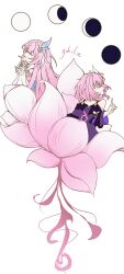  2girls absurdres chinese_commentary coat commentary_request crescent_moon cyrene_(demiurge)_(honkai:_star_rail) cyrene_(honkai:_star_rail) cyrene_(philia093)_(honkai:_star_rail) dress dual_persona full_moon hair_ornament highres honkai:_star_rail honkai_(series) long_hair moon multicolored_hair multiple_girls multiple_moons pink_hair purple_coat short_hair simple_background two-tone_hair very_long_hair white_background white_dress white_hair yu_chen 