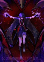  1boy 49ibo240 armor artist_name black_bodysuit black_kimono black_shorts black_sleeves blunt_ends blurry bodysuit commentary_request curled_fingers depth_of_field fingernails full_body furisode genshin_impact gold gold_trim highres japanese_armor japanese_clothes jewelry juban kimono korean_commentary kote kurokote layered_shorts layered_sleeves looking_at_viewer male_focus mecha mitsudomoe_(shape) neck_ring o-ring open_clothes open_kimono outstretched_arms purple_electricity purple_sash purple_shorts purple_sleeves red_background red_kimono red_sash robot sash scaramouche_(genshin_impact) scaramouche_(shouki_no_kami)_(genshin_impact) short_sleeves shorts single_sode smirk solo spread_arms tassel toeless_legwear toes tomoe_(symbol) tsurime violet_eyes watermark white_kimono white_mouth wispy_bangs 