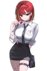  1girl akane_lize bag bandaid bandaid_on_arm bandaid_on_thigh black_bag black_choker black_necktie black_skirt blonde_hair breasts character_ornament character_tattoo chocolate choker closed_mouth collarbone collared_shirt commentary cowboy_shot cross ear_piercing food gift grey_eyes hair_ornament hairclip heart highres holding holding_bag holding_chocolate holding_food holding_gift kkato large_breasts mole mole_under_eye multicolored_hair nail_art nail_polish necktie pencil_skirt pienna_(akane_lize) piercing red_hair red_nails shirt shirt_tucked_in short_hair simple_background skirt sleeves_rolled_up solo stellive streaked_hair tattoo thigh_strap untranslatable_commentary virtual_youtuber white_background white_shirt 