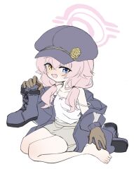  1girl :d aoba_(blue_archive) aoba_(blue_archive)_(cosplay) bare_shoulders barefoot black_boots black_hat blue_archive blue_eyes blush boots brown_gloves camisole chinese_commentary commentary_request cosplay eyes_visible_through_hair fang full_body gloves hair_between_eyes halo hand_up hat heterochromia highres holding holding_boots holding_unworn_clothes hoshino_(blue_archive) long_hair looking_at_viewer low_twintails meng_yin newsboy_cap open_mouth pink_hair pink_halo simple_background sitting smile solo strap_slip twintails unworn_boots wariza white_background white_camisole yellow_eyes 