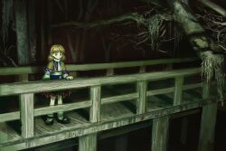  1girl bare_tree blonde_hair bridge dark green_eyes highres kihaji140 looking_down medium_hair mizuhashi_parsee night outdoors platform pointy_ears scenery shadow solo touhou tree wooden_bridge wooden_floor 