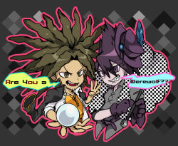  2boys argyle_background ball beard_stubble belt belt_buckle big_hair black_coat bowler_hat brown_eyes brown_hair buckle buttons clenched_hand coat coat_on_shoulders collared_coat collared_jacket collared_shirt commentary_request cropped_torso cross-laced_clothes cross-laced_top crystal_ball danganronpa:_trigger_happy_havoc danganronpa_(series) danganronpa_v3:_killing_harmony delidelidelic dreadlocks english_text facial_hair finger_counting goatee grey_background grey_shirt grin hagakure_yasuhiro hair_between_eyes halloween_costume happy hat hat_feather hat_ribbon high_collar holding holding_ball holding_smoking_pipe jacket long_hair_between_eyes looking_at_viewer mini_hat momota_kaito multiple_boys open_clothes open_jacket orange_shirt outline pink_outline purple_belt purple_hair purple_hat purple_ribbon ribbon shirt short_hair smile smoking_pipe speech_bubble stubble unmoving_pattern v-shaped_eyebrows violet_eyes white_jacket 