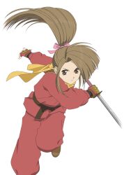  1girl artist_request brown_eyes brown_hair brown_shoes closed_mouth feet_out_of_frame fingerless_gloves fujibayashi_suzu game_cg gloves hair_ribbon holding holding_sword holding_weapon katana long_hair looking_at_viewer ninja official_art pants pink_ribbon ponytail red_gloves red_pants red_shirt reverse_grip ribbon scarf shirt shoes solo sword tales_of_(series) tales_of_asteria tales_of_phantasia third-party_source transparent_background weapon wide_ponytail yellow_scarf 