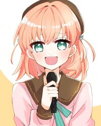  1girl :d aqua_eyes beret brown_hat collarbone commentary_request contrast_collar crossed_bangs dream_believers dress green_ribbon hair_intakes hair_ornament hat highres hinoshita_kaho holding holding_microphone kanduki_kamibukuro link!_like!_love_live! looking_at_viewer love_live! medium_hair microphone neck_ribbon open_mouth orange_hair pink_dress rabbit_hair_ornament ribbon smile solo two_side_up upper_body virtual_youtuber yellow_background 