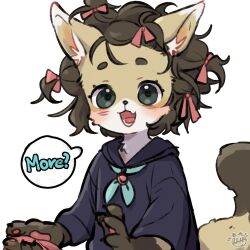  1girl animal_hands blue_serafuku body_fur brown_fur brown_hair claws commentary english_text fox_girl furry furry_female green_eyes hair_ribbon holding holding_ribbon lee_ha-kyung looking_at_viewer messy_hair original pink_ribbon ribbon school_uniform serafuku short_hair simple_background solo tail upper_body white_background 