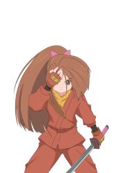  1girl artist_request brown_eyes brown_hair commentary covering_one_eye cowboy_shot fingerless_gloves fujibayashi_suzu game_cg gloves hair_ribbon hand_on_own_face holding holding_sword holding_weapon katana long_hair looking_at_viewer ninja official_art pants pink_ribbon ponytail red_gloves red_pants red_shirt ribbon scarf shirt solo standing sword tales_of_(series) tales_of_asteria tales_of_phantasia third-party_source transparent_background weapon wide_ponytail yellow_scarf 