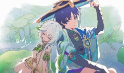  1boy 1girl anemo_symbol_(genshin_impact) animal_print arm_on_knee armlet armor arms_at_sides asymmetrical_sidelocks back-to-back bird_print black_bodysuit black_bridal_gauntlets bloomers blue_cape blue_gem blue_hat blue_kimono blue_sleeves blunt_ends bodysuit bracelet bridal_gauntlets cape choppy_bangs closed_eyes closed_mouth dated detached_sleeves dress eyelashes eyeliner facing_viewer feathers fingernails furisode gem genshin_impact gold gold_trim green_cape green_hair green_sleeves grey_eyes grey_pupils hair_ornament hand_up hat head_on_another's_shoulder highres houhouhou0103 japanese_armor japanese_clothes jewelry jingasa juban kimono kote kurokote layered_sleeves leaf leaf_hair_ornament leaning_on_person long_hair looking_at_another makeup mandarin_collar multicolored_hair nahida_(genshin_impact) open_clothes open_kimono outdoors plant pointy_ears pom_pom_(clothes) purple_hair purple_rope purple_sash raised_eyebrow red_eyeliner rope sash scaramouche_(genshin_impact) short_sleeves shoulder_peek side_ponytail sidelocks sitting smile socks split_mouth streaked_hair tilted_headwear tsurime twitter_username vision_(genshin_impact) wanderer_(genshin_impact) white_bloomers white_dress white_hair white_kimono white_sleeves white_socks white_trim yellow_feathers yokozuwari 