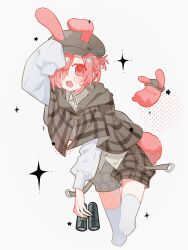  1boy :o binoculars blush brown_capelet brown_shorts capelet chinese_commentary collared_shirt commentary_request detective dress_shirt feet_out_of_frame hair_over_one_eye hat highres holding holding_binoculars jibaku_shounen_hanako-kun male_focus mitsuba_sousuke mole mole_under_eye newsboy_cap pink_eyes pink_hair plaid_capelet plaid_clothes plaid_shorts puffy_shorts rabbit_boy shirt shorts single_sleeve_past_fingers solo thigh-highs untucked_shirt white_shirt white_thighhighs yixiang_shuimian 