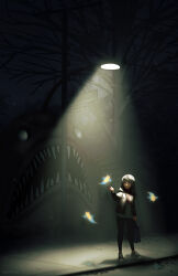  1girl absurdres anglerfish bag bare_tree black_hair black_jacket black_pants blue_eyes commentary fish fringe_trim green_shoes highres holding holding_bag hood hood_down hooded_jacket hoodie jacket lamppost long_hair ndtwofives night open_clothes open_jacket original outdoors pants plaid_clothes plaid_scarf power_lines red_scarf scarf sea_angel shoes sky solo tree white_hoodie 