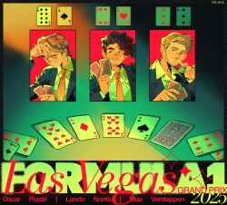  3boys beard_stubble black_jacket blue_eyes brown_eyes brown_hair card character_name closed_mouth collared_shirt commentary english_commentary facial_hair formula_one green_shirt highres holding holding_card holding_poker_chip jacket lando_norris las_vegas male_focus max_verstappen multiple_boys mustache_stubble necktie orange_necktie oscar_piastri playing_card playing_card_game playing_games poker poker_chip poker_table real_life shirt short_hair smile sog_goog stubble table 