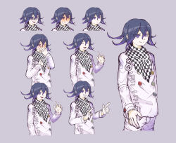  1boy ^_^ arm_belt belt black_scarf blush buttons chain checkered_clothes checkered_scarf clenched_hand closed_eyes closed_mouth commentary_request covering_own_mouth crest cropped_legs cropped_torso danganronpa_(series) danganronpa_v3:_killing_harmony delidelidelic dot_nose double-breasted double_finger_gun evil_smile expressionless eyes_visible_through_hair finger_gun flustered grey_background grin hair_between_eyes hand_on_own_chest hand_up happy jacket light_frown long_hair_between_eyes long_sleeves looking_ahead multicolored_buttons multicolored_hair multiple_belts multiple_expressions nervous_smile oma_kokichi one_eye_closed open_mouth purple_hair scarf shaded_face short_hair simple_background smile smug standing streaked_hair teeth thigh_belt thigh_strap torn_clothes torn_jacket two-tone_scarf upper_teeth_only variations violet_eyes white_belt white_jacket white_scarf wrist_belt 