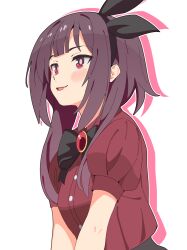  1girl :d alternate_costume black_bow black_bowtie black_hairband blush bow bowtie brooch commentary drop_shadow hairband highres jewelry kono_subarashii_sekai_ni_shukufuku_wo! long_sleeves megumin noyama_takenoko open_mouth puffy_long_sleeves puffy_sleeves red_eyes red_shirt shirt short_hair_with_long_locks simple_background smile solo upper_body white_background 