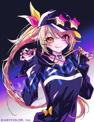  1girl baseball_cap black_hoodie blonde_hair commentary_request drawstring drawstring_pull eyewear_on_headwear gimmexgimme_(vocaloid) gradient_background hat heterochromia hood hood_down hoodie hoshikawa_sara long_hair nijisanji official_art ponytail smile solo star-shaped_eyewear star_(symbol) tongue tongue_out virtual_youtuber yudeazu_king 