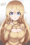  1girl 2014 alternate_costume atago_(kantai_collection) blonde_hair blue_eyes breasts cleavage cleavage_cutout dated highres kantai_collection long_hair mku open-chest_sweater open_mouth ribbed_sweater solo sweater twitter_username 