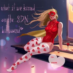  alternate_costume arm_support backlighting billboard blonde_blazer blonde_hair blue_eyes breasts cape dispatch earrings english_text evening eye_mask eyelashes floating_hair foot_out_of_frame full_body gem gold_earrings gold_necklace half-closed_eyes heart heart_print high_collar hoop_earrings jewelry large_breasts leotard long_hair makeup mask nail_polish narrow_waist necklace no_shoes outstretched_leg petals red_gem red_leotard red_lips red_mask red_nails rose_petals sitting skin_tight sky sleeveless thick_thighs thigh-highs thighs toned toned_female valentine white_thighhighs yellow_cape 