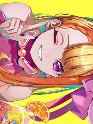  1girl absurdres blonde_hair blue_nails braid braided_bangs brooch commentary cure_butterfly earrings hat highres hijiri_ageha hirogaru_sky!_precure index_finger_raised jewelry long_hair magical_girl multicolored_hair nail_polish one_eye_closed orange_hair pink_hat precure smile solo violet_eyes wing_brooch yellow_background yuutarou_(fukiiincho) 
