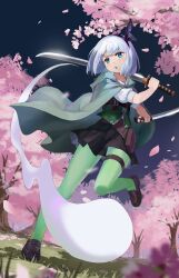  1girl absurdres alternate_costume black_hairband black_skirt blue_eyes brown_shoes cape cherry_blossoms chinese_commentary commentary_request commission dual_wielding falling_petals full_body green_cape green_pantyhose green_vest grey_hair hairband highres hitodama holding holding_sword holding_weapon katana konpaku_youmu konpaku_youmu_(ghost) loafers looking_at_viewer open_mouth pantyhose petals pink_petals puffy_short_sleeves puffy_sleeves second-party_source shirt shoes short_sleeves skirt solo sword thigh_strap touhou vest weapon white_shirt yorange17 