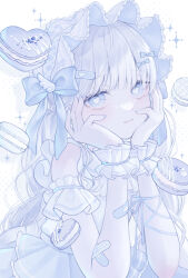  1girl arm_ribbon bandaid bandaid_on_arm bare_shoulders blue_bow blue_headband blue_nails blue_ribbon blue_skirt blunt_bangs bow commentary detached_sleeves food frilled_headwear grey_hair hair_bow hand_on_own_face hands_on_own_cheeks hands_on_own_face hands_up headband heart heart-shaped_pupils highres long_hair looking_at_viewer macaron original ribbon shiolatte shirt simple_background skirt solo sparkle symbol-shaped_pupils upper_body wavy_hair white_background white_hair white_shirt white_wrist_cuffs wrist_cuffs yandere_trance 