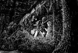  2girls absurdres alice_margatroid apron back_bow bow broom capelet closed_mouth commentary_request forest forest_of_magic greyscale hairband hat hat_bow highres holding holding_broom holding_lantern kirisame_marisa lantern long_sleeves monochrome multiple_girls nature outdoors paper_lantern shanghai_doll skirt smile super-flat-world touhou waist_apron witch_hat 