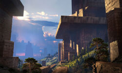  blue_sky brick brick_wall building clouds cloudy_sky commentary english_commentary flock highres hill landscape no_humans original outdoors painterly pillar raphael-lacoste scenery signature sky sunlight temple tower tree 