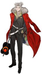  1boy belt black_jacket black_shoes black_suit closed_mouth coat coat_on_shoulders collarbone dress_pants expressionless fate/grand_order fate_(series) full_body fur-trimmed_coat fur_trim game_cg grey_eyes grey_hair gunbai half_updo hand_fan hand_in_pocket highres holding holding_fan jacket long_sleeves looking_at_viewer male_focus o-ring o-ring_belt official_art outline pants parted_bangs pinstripe_jacket pinstripe_pants pinstripe_pattern pinstripe_suit pocket_square red_coat second-party_source shirt shoes short_hair spiky_hair standing suit tachi-e takeda_shingen_(fate) takeda_shingen_(first_ascension)_(fate) toi8 transparent_background two-sided_coat two-sided_fabric war_fan white_belt white_outline wing_collar yellow_shirt 