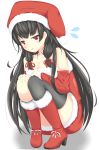  1girl absurdres alternate_costume asymmetrical_legwear bangs bare_shoulders black_hair black_legwear blunt_bangs boots breasts cleavage detached_sleeves dress flying_sweatdrops fur_trim hat highres isokaze_(kantai_collection) kantai_collection kneehighs kuro-ra long_hair payot red_boots red_eyes santa_boots santa_costume santa_hat simple_background single_kneehigh single_thighhigh squatting strapless_dress thigh-highs white_background 