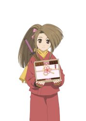  1girl artist_request blush box box_of_chocolates brown_eyes brown_hair chocolate closed_mouth cowboy_shot fingerless_gloves fujibayashi_suzu game_cg gloves hair_ribbon holding holding_box katana long_hair looking_at_viewer ninja official_art pants pink_ribbon ponytail red_gloves red_pants red_shirt ribbon scarf shirt solo sword tales_of_(series) tales_of_asteria tales_of_phantasia third-party_source transparent_background weapon wide_ponytail yellow_scarf 
