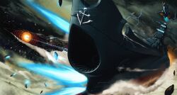  absurdres cannon chain commentary_request highres mast no_humans rx782_2202 scenery science_fiction ship_turret space spacecraft starfighter uchuu_senkan_yamato vehicle_focus yamato_(uchuu_senkan_yamato) 