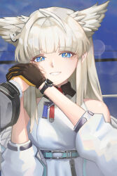  1girl :d arknights arknights:_endfield artist_name bare_shoulders blonde_hair blue_eyes blunt_bangs brown_gloves commentary english_commentary evankeynight gloves grin guided_hand_on_cheek hand_on_another's_cheek hand_on_another's_face highres holding_hands jacket long_hair long_sleeves looking_at_viewer off_shoulder perlica_(arknights) smile solo_focus white_jacket yellow_gloves yellow_pupils 