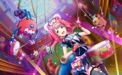  1girl :d bass_guitar black_choker black_shirt black_skirt bow brown_hair choker circle colorful_palette drum drumsticks fingerless_gloves flute game_cg garter_straps gloves grey_eyes grey_thighhighs hat heart hibiku_twilight_parade_(project_sekai) highres holding holding_drumsticks holding_flute holding_instrument instrument mochizuki_honami official_alternate_costume official_art pink_gloves pink_hat polka_dot polka_dot_bow project_sekai shirt skirt smile solo sparkle thigh-highs third-party_source tongue torn_clothes torn_thighhighs triangle trumpet yellow_bow 