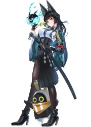  1girl absurdres animal_ear_fluff animal_ears aqua_jacket bandana bangboo_(zenless_zone_zero) black_hair black_necktie black_pantyhose black_shoes black_skirt blunt_bangs breasts collared_shirt commentary_request eating eous_(zenless_zone_zero) fingerless_gloves food fox_ears fox_girl fruit full_body gauntlets gloves high-waist_skirt high_heels highres holding holding_sword holding_weapon hoshimi_miyabi jacket katana koufu_(seratin) large_breasts long_hair looking_at_viewer melon necktie orange_bandana orange_eyes pantyhose shirt shoes single_fingerless_glove single_gauntlet skirt smile sword tailless_(zenless_zone_zero) weapon white_background white_shirt zenless_zone_zero 