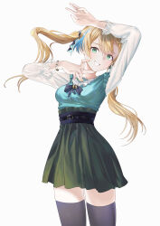  1girl absurdres arm_up blonde_hair blue_shirt breasts commentary commentary_request green_eyes green_skirt grey_thighhighs grin hand_up highres long_hair long_sleeves looking_at_viewer medium_breasts mosta_(lo1777789) original pleated_skirt shirt simple_background skirt smile solo thigh-highs twintails untranslatable_commentary very_long_hair white_background 
