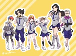  3boys 3girls atticus_(pokemon) black_eyes black_hair blonde_hair blue_hair blue_pants commentary_request cosplay crooked_eyewear eri_(pokemon) fingerless_gloves giacomo_(pokemon) glasses gloves green_eyes helmet highres holding holding_unworn_helmet jacket long_hair mela_(pokemon) motorcycle_helmet mrp_and_me multicolored_hair multiple_boys multiple_girls necktie ortega_(pokemon) pants pantyhose partially_fingerless_gloves penny_(pokemon) pink_eyes pink_hair pointy_hair pokemon pokemon_sv red_hair round_eyewear scarf school_uniform shirt short_hair simple_background smile star-shaped_eyewear star_(symbol) team_star team_star_grunt team_star_grunt_(cosplay) team_star_uniform two-tone_hair unworn_headwear unworn_helmet uva_academy_school_uniform 